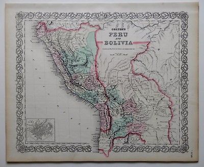 VINTAGE COLTON MAP - PERU & BOLIVIA - HAND COLORED - 14 X 17