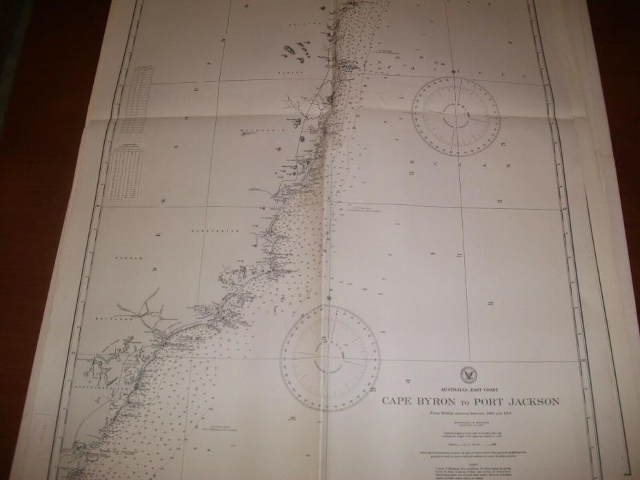 Vintage Nautical Maritime Chart ( Cape Bryon  to  Port  Jackson  Aust 1st Ed )