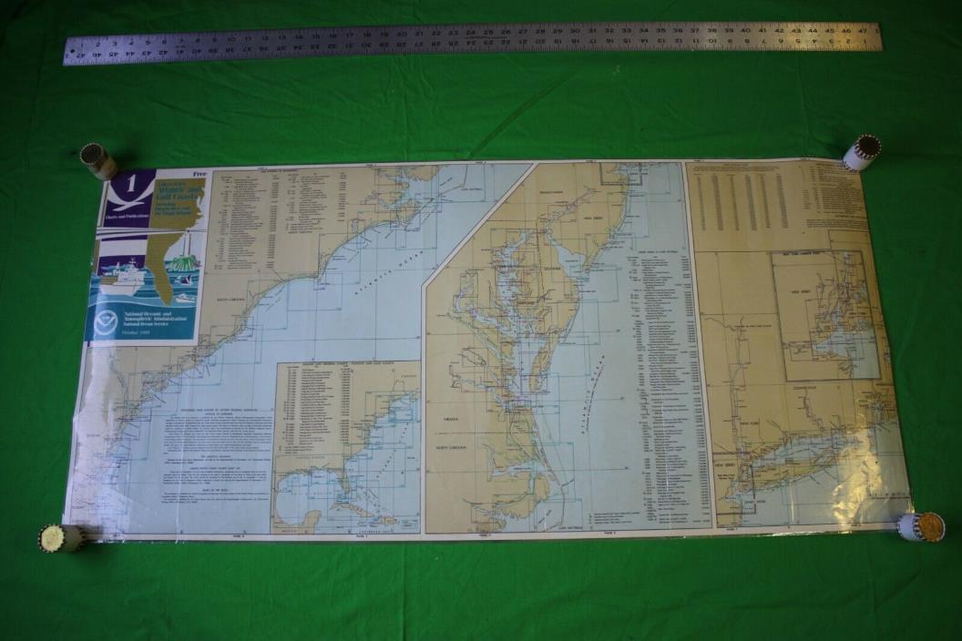 NOAA Atlantic and Gulf Coasts - Laminated 42x20 Vintage 1989 Nautical Chart/Map