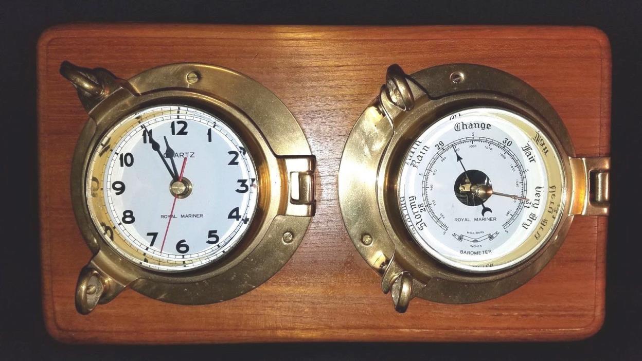 Vtg Royal Mariner Barometer & Clock Quartz Brass Beveled Glass Face