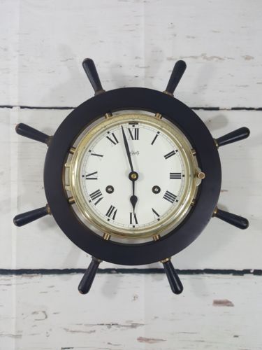 SCHATZ MARINER 8 Day Ships Wheel CLOCK Made in WEST GERMANY Brass Black No Key