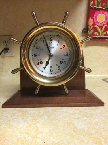 VINTAGE USA BOSTON CHELSEA 7 JEWELS BRASS SHIP’S BELL CHIMES CLOCK WOOD BASE