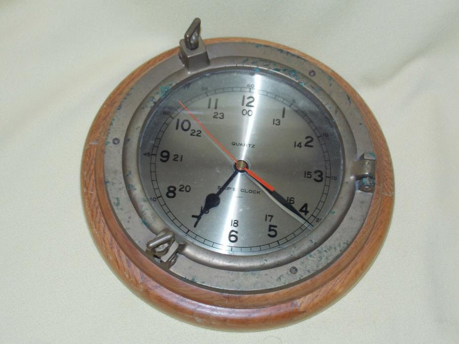 Ship’s Time Nautical Brass & Wood Quartz Porthole 24 Hour Wall Clock Not Running