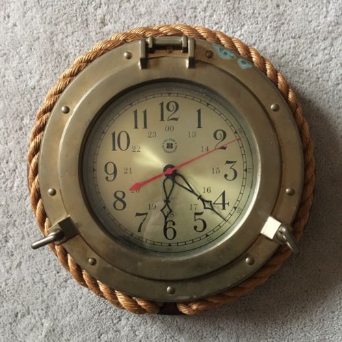 Vintage Bey-Berk Brass Rope Nautical Porthole Round Quartz Wall Clock 13-1/2