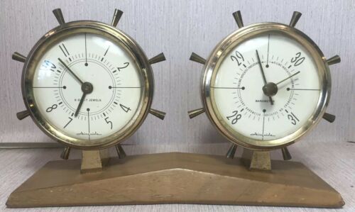 VTG AirGuide 7 Jewel 8 Day Ship Maritime boat Clock And Barometer on Wood mount