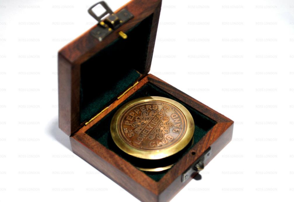 ROSS LONDON Antique Brass Poem COMPASS Marine Club Band Compass With Wooden Box