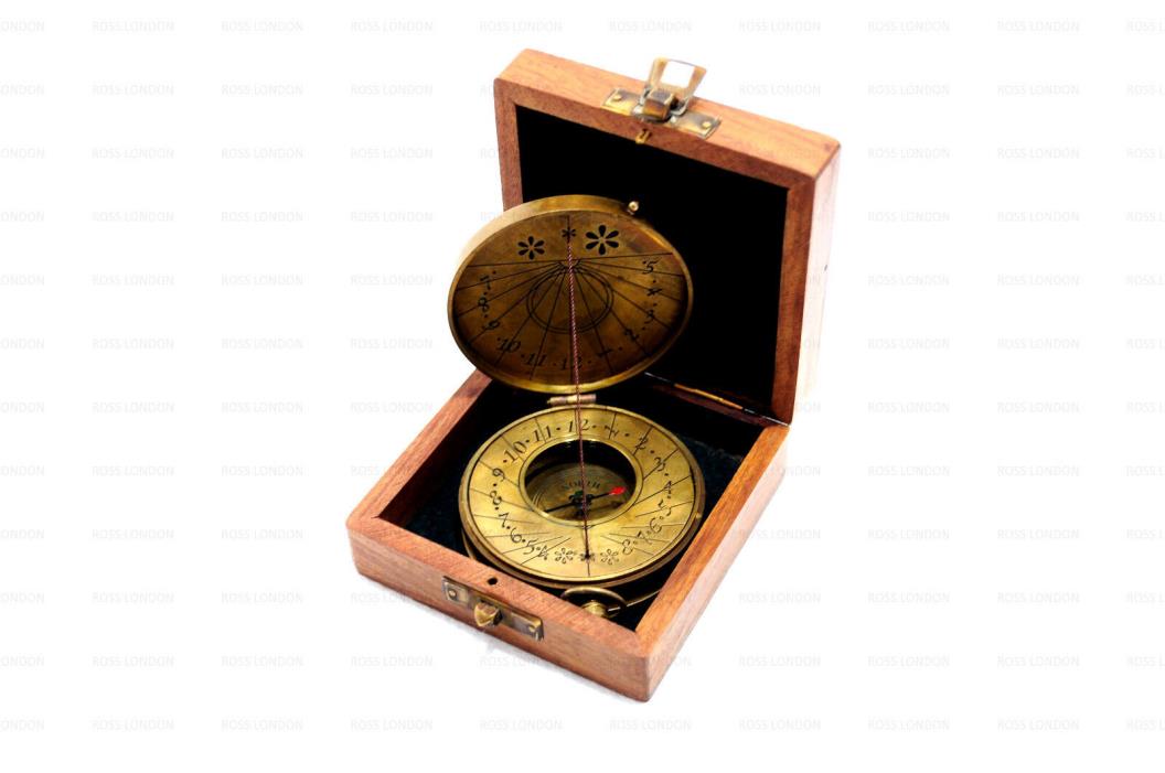 SUNDIAL COMPASS Marine Maritime Thread Brass Collectible Compass With Wooden Box
