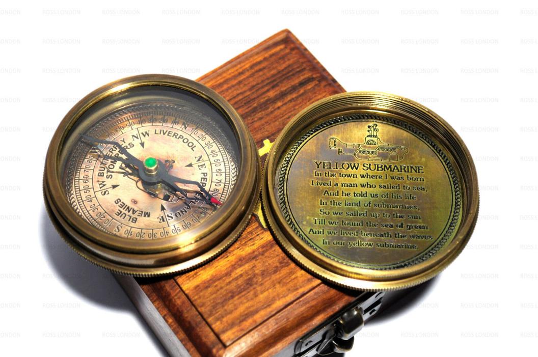 ROSS LONDON Marine Club Band COMPASS Antique Brass Poem Compass With Wooden Box