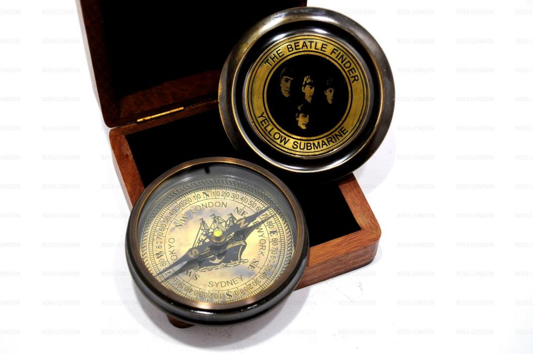 ROSS LONDON Antique POEM COMPASS Brass Submarine Marine Compass With Wooden Box