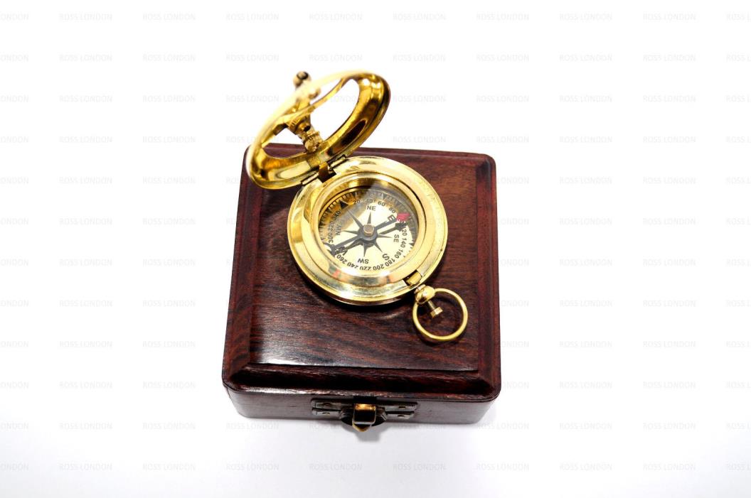 ROSS LONDON Handmade Vintage SUNDIAL Pocket Compass Nautical Brass W/Wooden Box