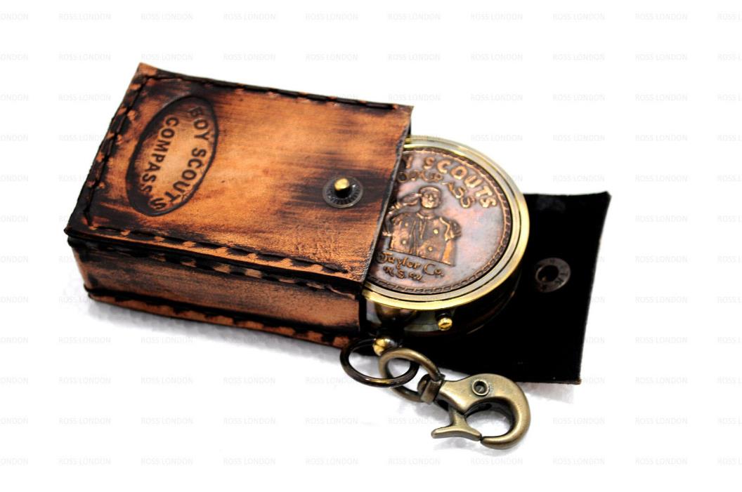 ROSS LONDON Pocket Compass BOY SCOUT Brass & Copper Compass With Leather Case