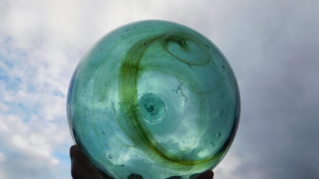 Vintage Beachcombed Genuine Glass Float W/ Green Olive Swirls