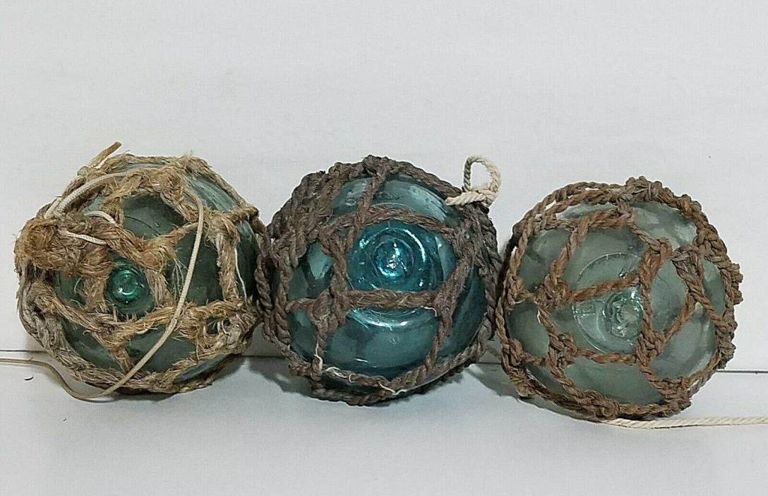 Japanese Glass Fishing Float Round Netted Buoy Balls Authentic Lot of 3