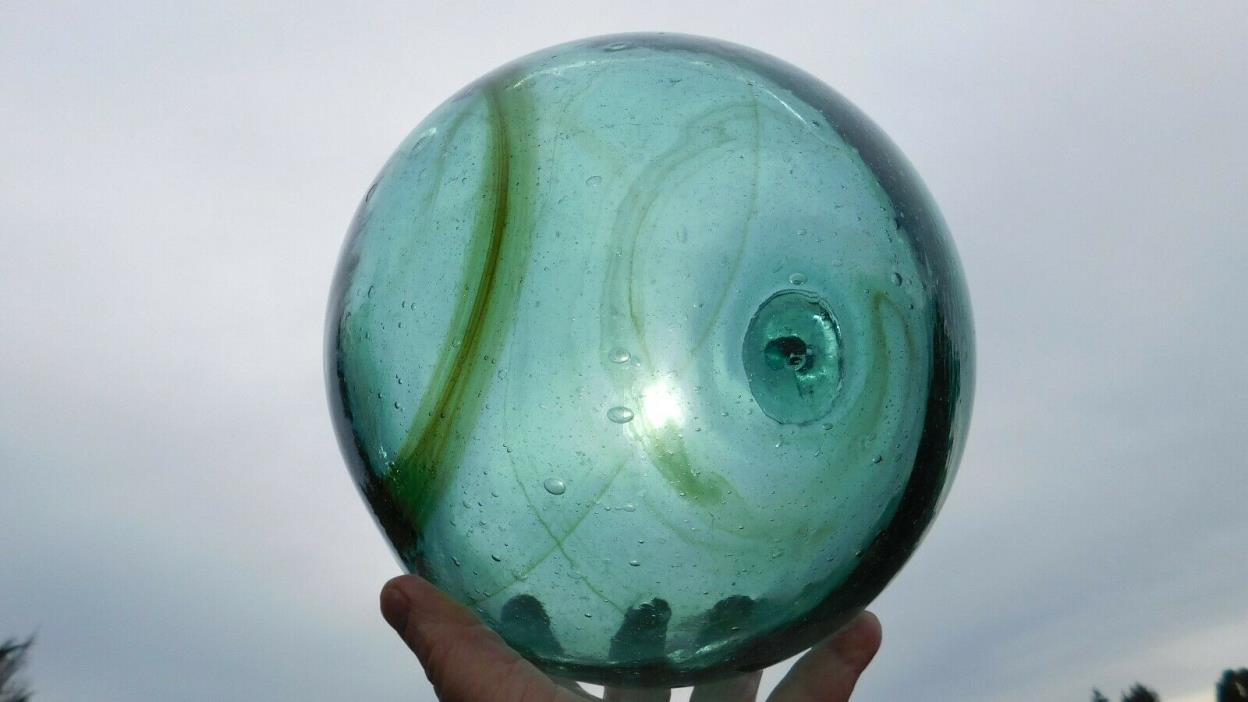 Wonderful Vintage Genuine Beachcombed Japanese Glass Float W/ Green Olive Swirls