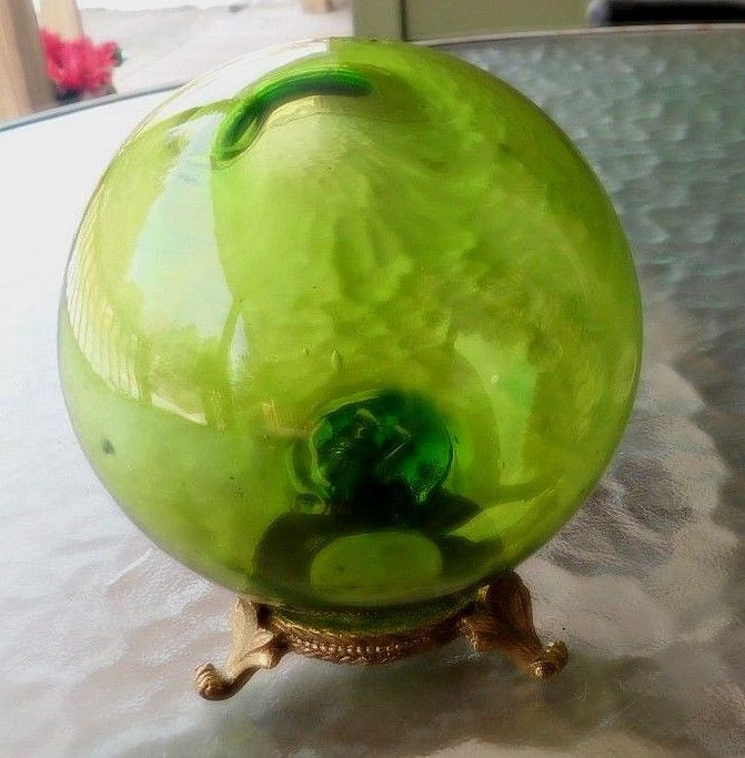 Vintage Old Hand Blown Green Glass Japanese Fishing Net Float Ball 4