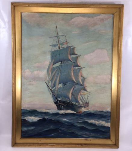 Vintage 1930-40 Capt ELLERY THOMPSON (1899-1987) Stonington CT ship Painting OOC