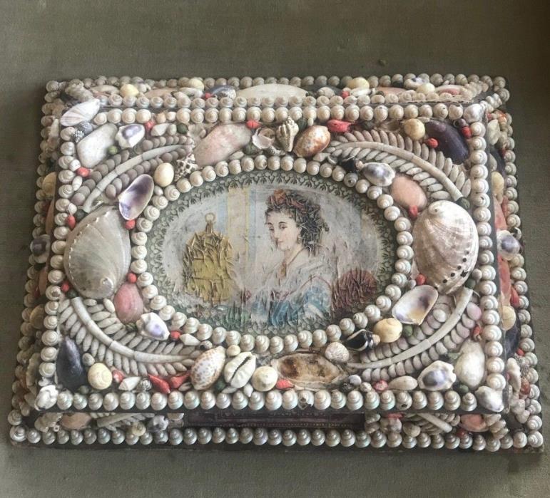 Antique 1800's Sailor Made Valentine Shell Decorated Box - Maritime Folk Art