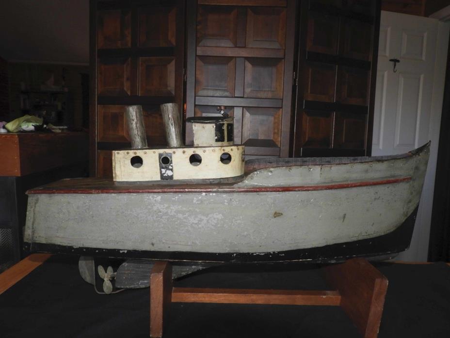 Antique Handmade Steamship Folk Art  Ship Tin/Pine Boat model early 1900s