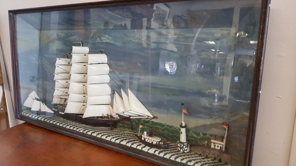 19th Century Maritime Folk Art, Ship Scene Diorama US And Netherlands 54x27