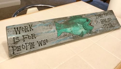 Vintage Fishing Fish Bait Wood Painted Sign Hand Made 29”x 5”