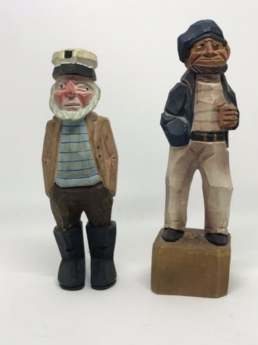 2 HAND CARVED WOOD NAUTICAL NAVY SAILOR SEAMAN NEW ENGLAND FOLK ART SCULPTURES