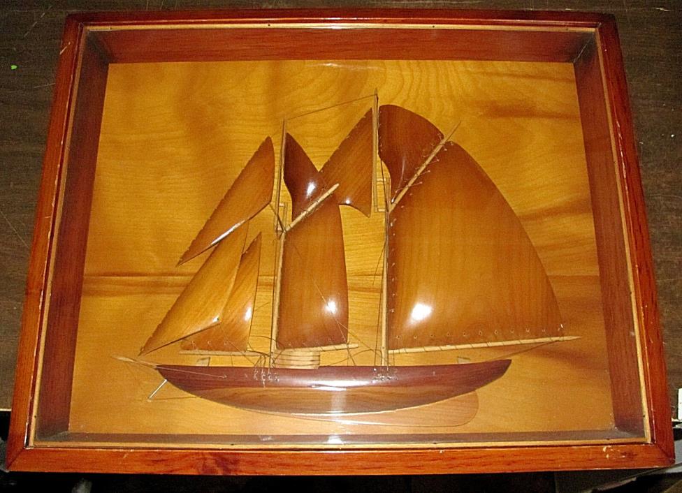 Vintage Carved Wood Half Hull Sailing Ship Boat shadowbox/diorama