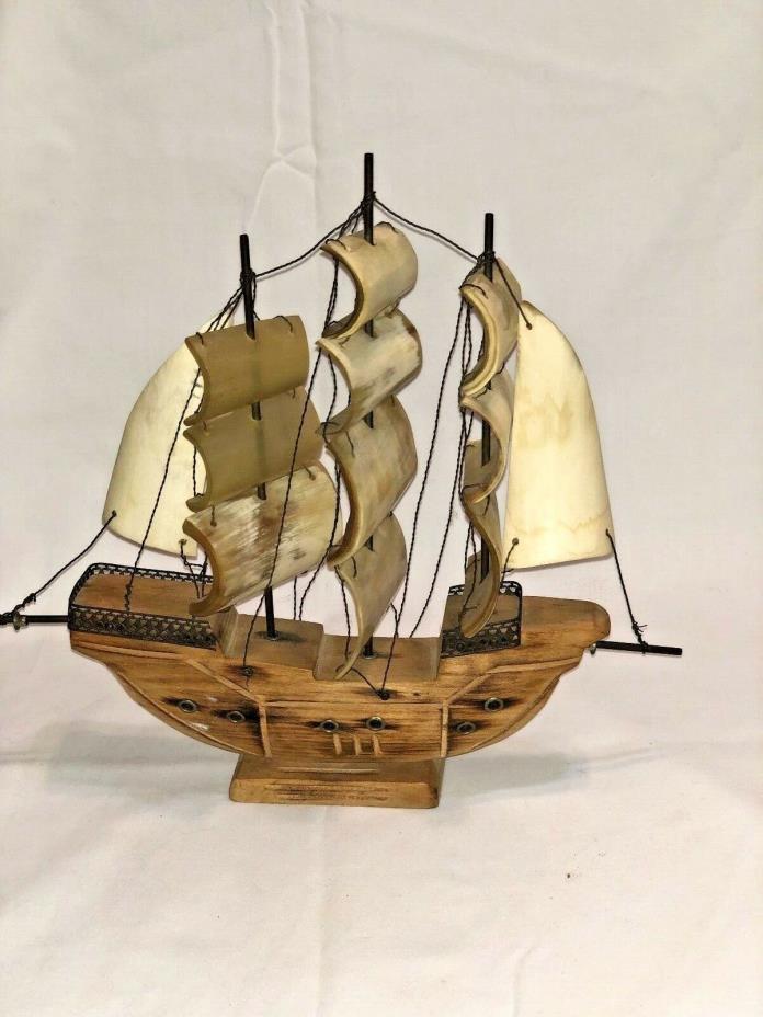 Vintage Ship Model/Bone Sails Wooden Base