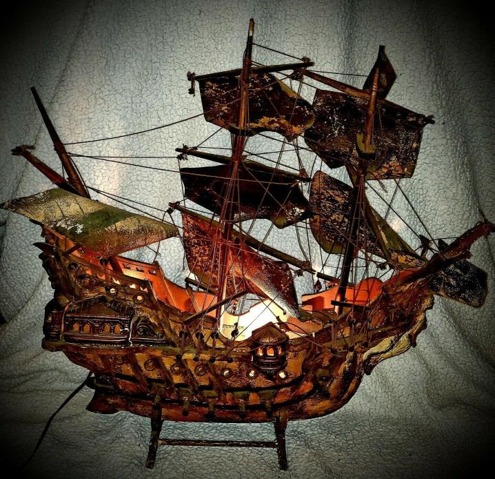 Antique HANDMADE WOODEN PIRATE SHIP with Exceptional Detail & Accents!