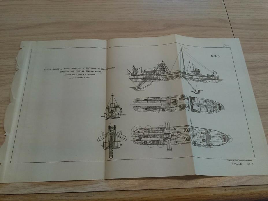 1898 French Diagram Navy Dredge for Discharge for Russian Imperial Government