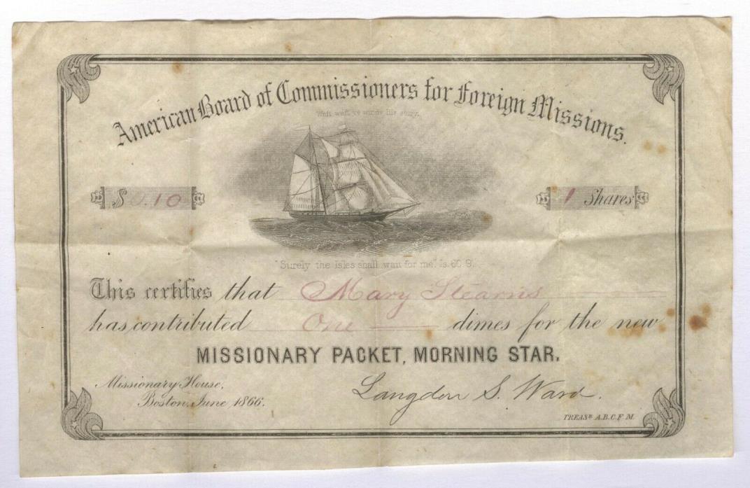 1866 Morning Star Missionary Packet Donation Certificate Sailing Ship Receipt