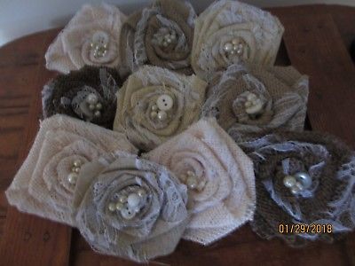 5 Rustic Lace Burlap Flowers, Burlap Roses, Burlap Wedding flowers,Burlap Shower