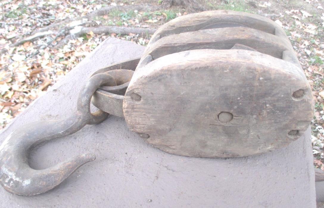 Antique Signed Wood Maritime Nautical Barn Farm Double Block Pulley & Hook