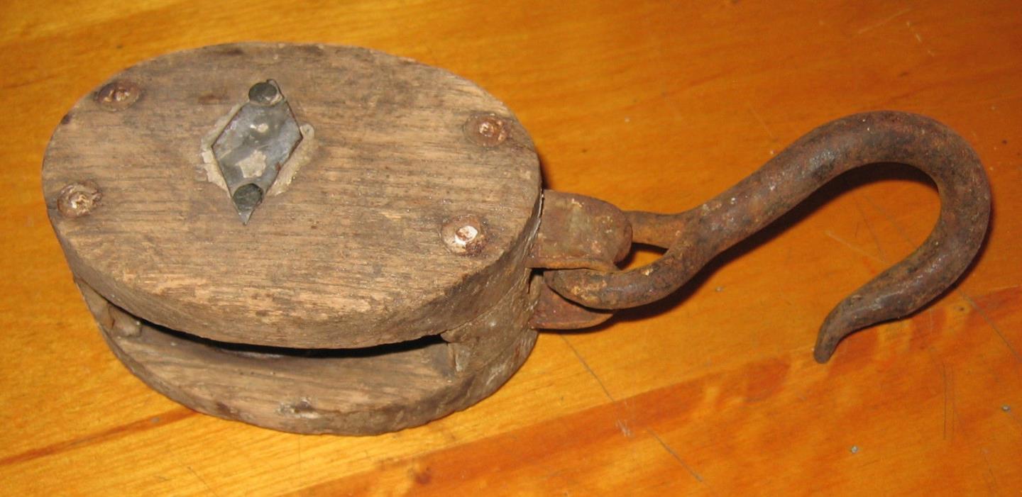 Vintage Wood & Iron PULLEY Hook Mackinac Michigan State Ferry dock nautical tool