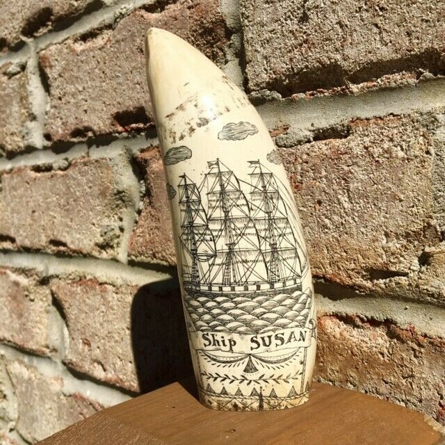Realistic Scrimshaw Whale Tooth Resin Replica: Ship Susan 1830 & American Eagle