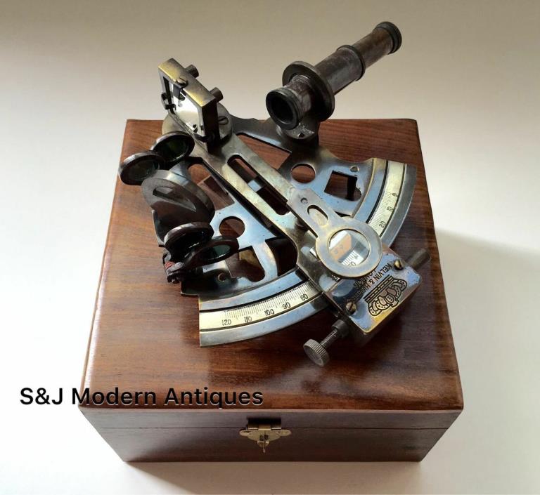 Antique Replica Brass Pocket Sextant Navigation Nautical Marine Wooden Box Gift