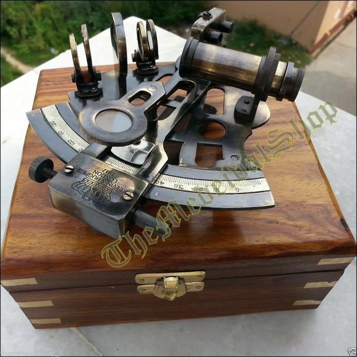 NAUTICAL MARINE SEXTANT & WOODEN BOX BRASS MARITIME GERMAN ASTROLABE COLLECTIBLE