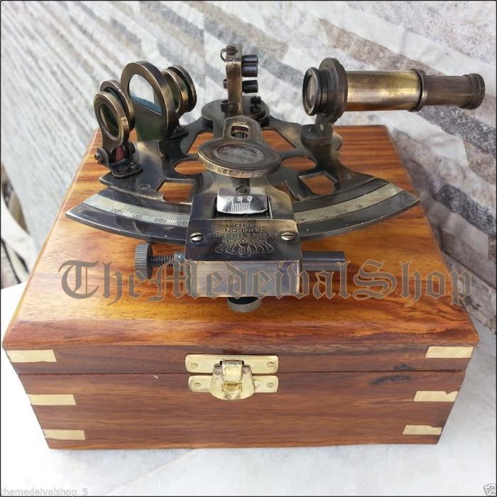 NEW BRASS COLLECTIBLE GERMAN ASTROLABE MARINE NAUTICAL SEXTANT & WOODEN BOX F119