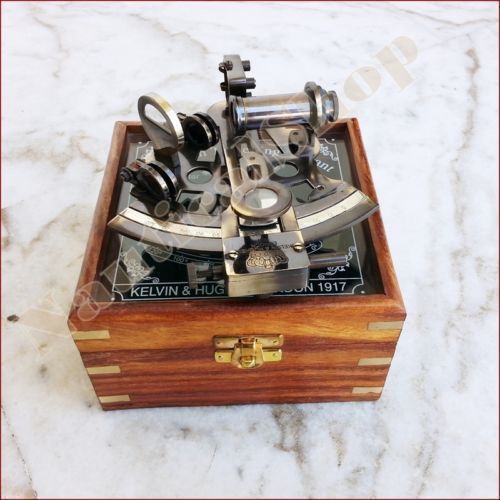 New Nautical Brass Working Maritime Sextant 4'' With Wooden Box Decor Style F118