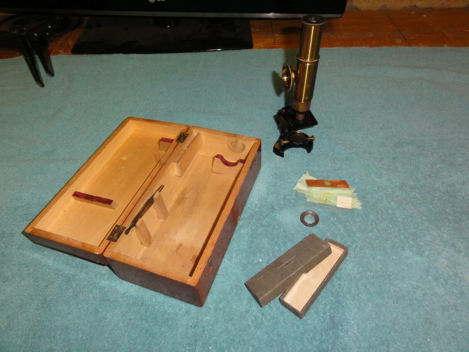 Vintage Brass & Steel Monocular Microscope & Wooden Box