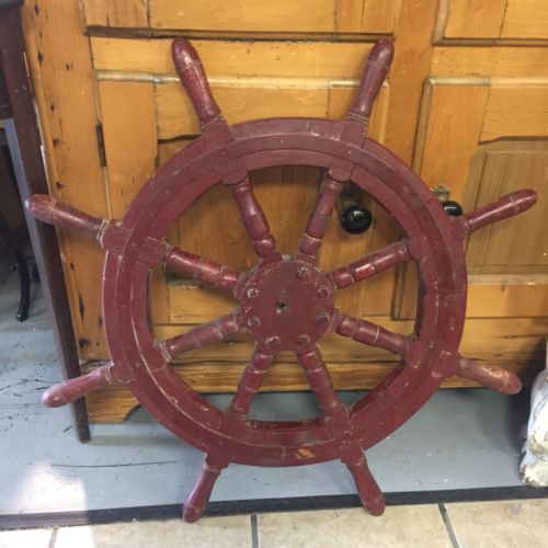 Antique Vintage Style Red Ships Wheel Iron Wood Nautical Steering Helm 8 Spoke