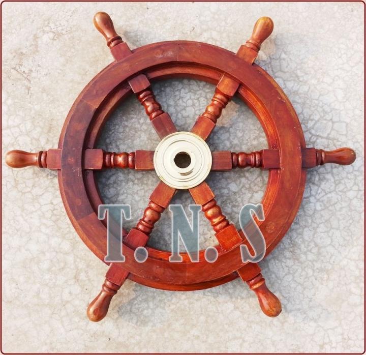 Nautical Marine Vintage Rosewood Ship Wheel Wooden Brass Ring Wall Decor 18
