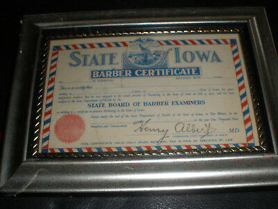 VINTAGE BARBER SHOP WALL ART---IOWA LADY BARBER CERTIFICATE 1927 --- NO.94