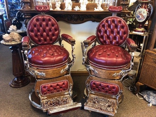 Antique Oak Matched Pair Koken & Kochs Double Round  Barber Chairs