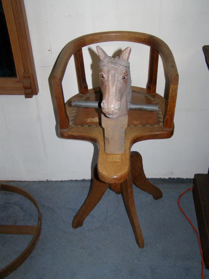 ANTIQUE OAK CHILD'S BARBER CHAIR w/ Carved Wood Horse