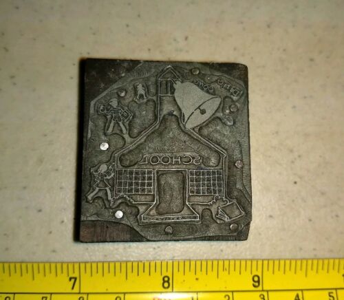 Vintage Letterpress Printing Block School House Children Bell Books