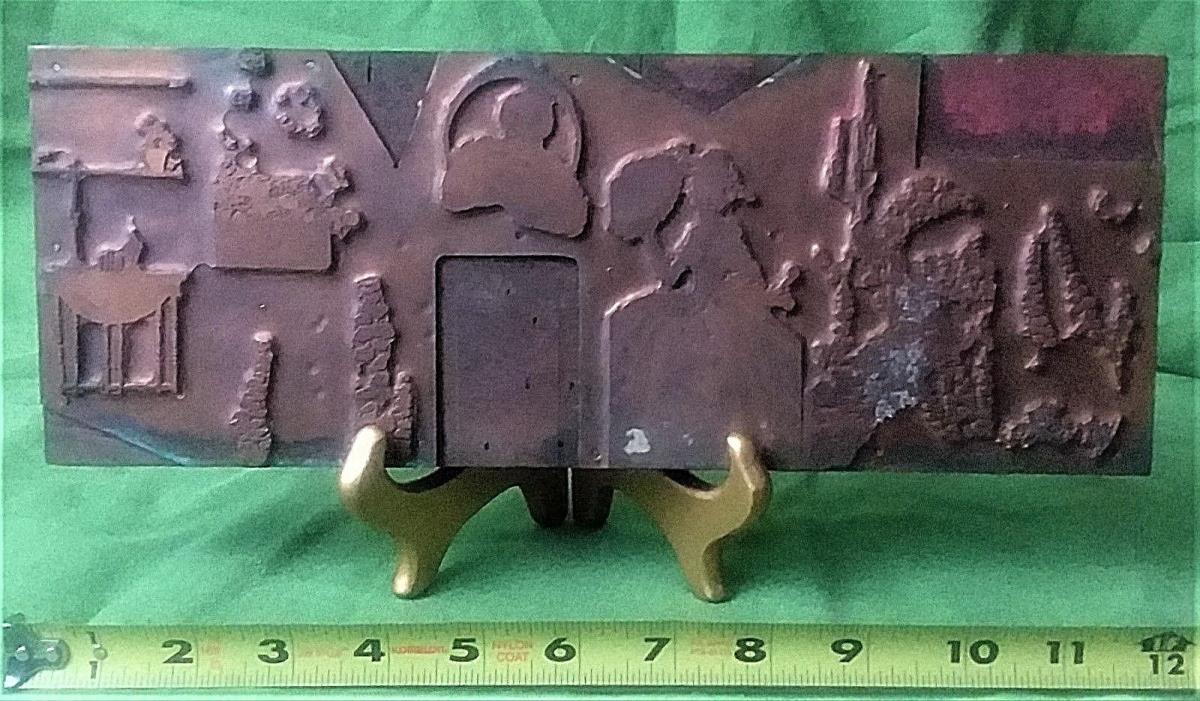 VINTAGE EARLY COPPER PRINTERS BLOCK HAND TOOLED UNIQUE FIGURES NICE!