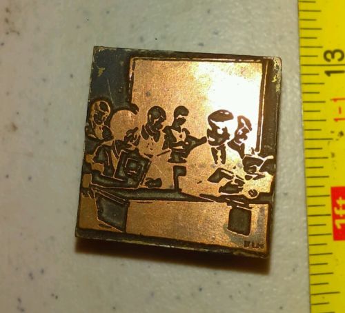 Vintage Letterpress Printing Block Children in School Classroom Reading Books
