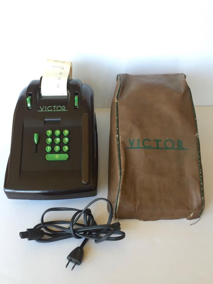 Vtg Victor adding machine bakelite Brown w/ green buttons Cover & cord Works!