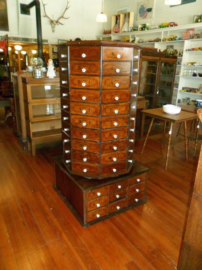 Antique Wood Octagonal Revolving Bolt Hardware Cabinet w/ Base Nice Shape!!