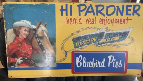 Vintage 1950’s Bluebird Pies Avertising Sign W/ Western Cowgirl & Horse Theme